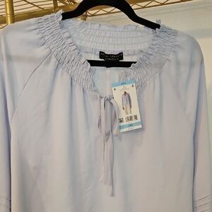Sanctuary Light Blue Blouse, Smocked Necline, Long Sleeve, Sz L, NWT